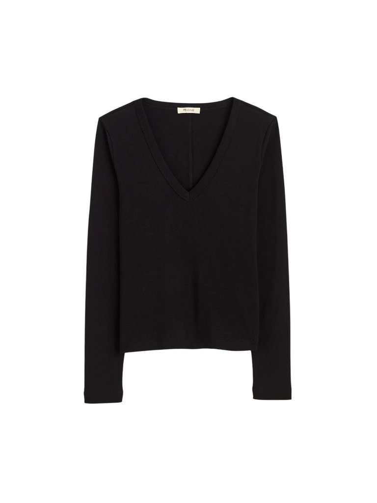 Madewell The 90s V-Neck Long-Sleeve Tee In Compact Cotton~Size M~Black L10 13